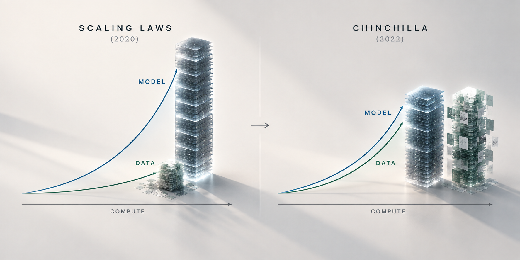 Scaling Laws and Chinchilla comparison of model and data scaling