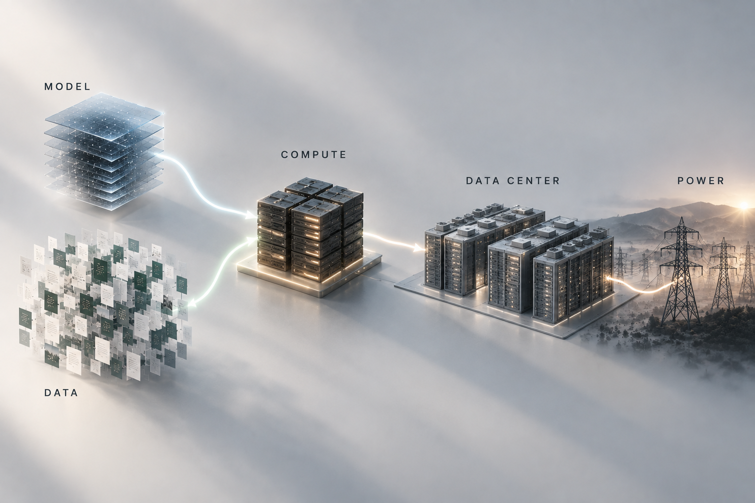 Model and data scaling connected to compute, data centers, and power infrastructure